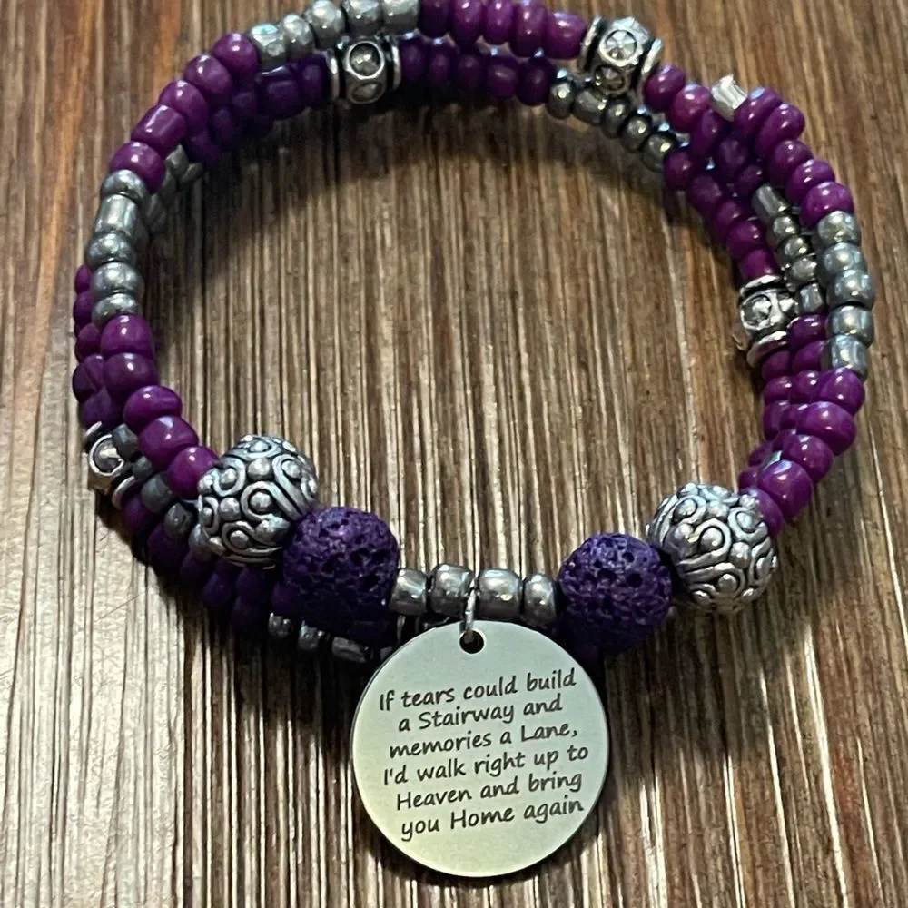 Handmade purple beaded wrap bracelet,‎ memory wire bracelet, charm bracelet